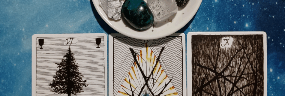 Time to Lighten Your Load!~ A Message From the Universe, 3 Wild Unknown Tarot cards and crystals on a starry blue background