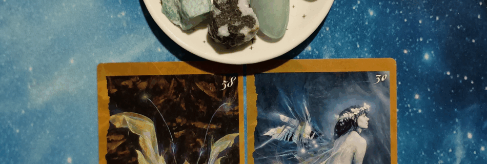 Giving Makes a Happy Heart! ~ A Message From the Universe, 2 Faeries' Oracle cards and crystals on a starry blue background