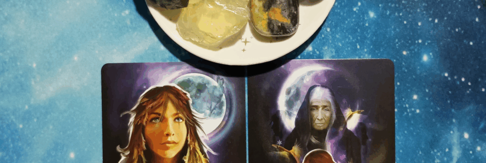 How To Manage Your Energy ~ A Message From the Universe, Witching Hour Oracle cards and crystals on a starry blue background