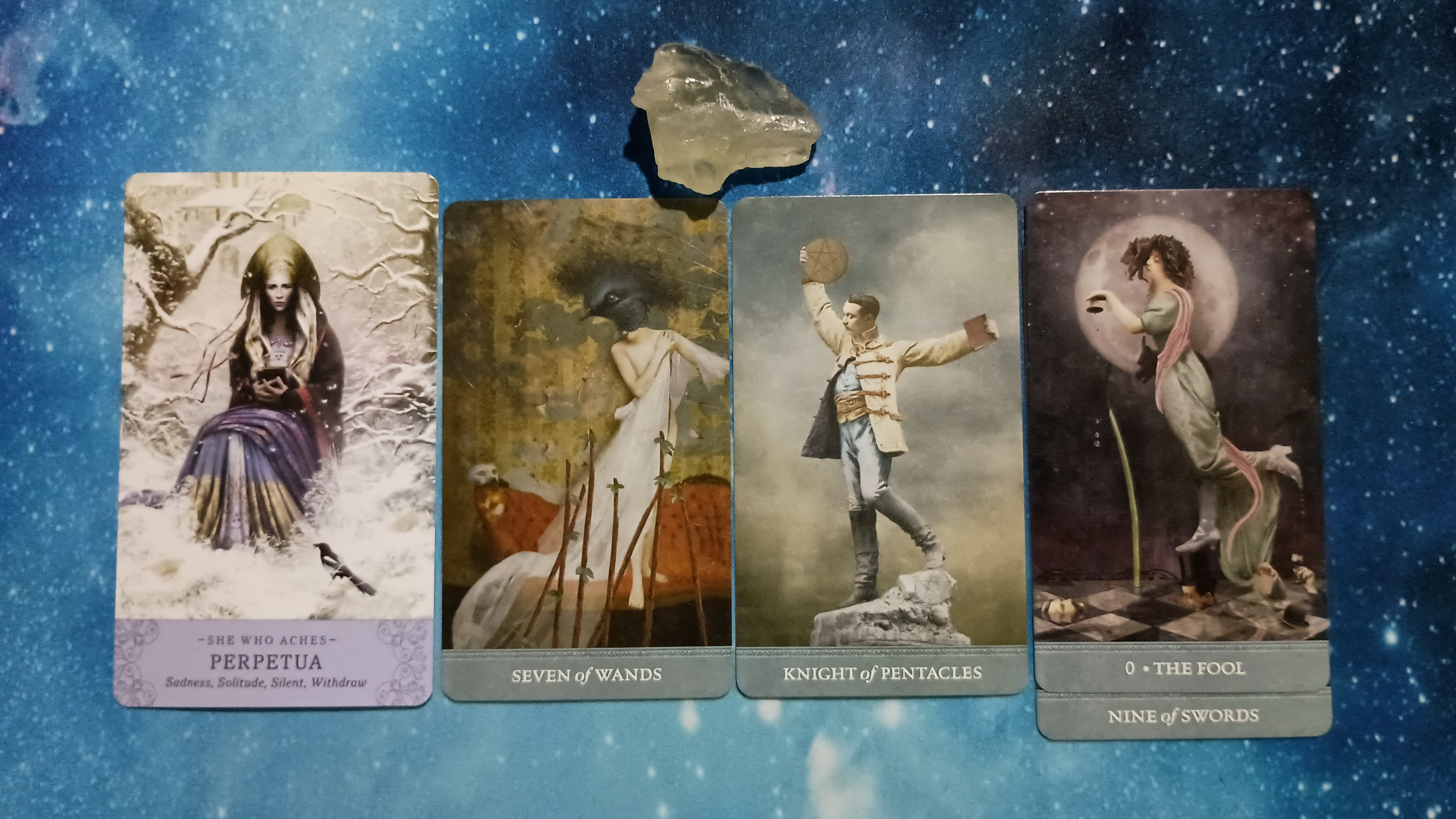 Full Moon Pick-a-Card Tarot Reading for June 2025, Pile 3, Citrine crystal and 4 cards, face up