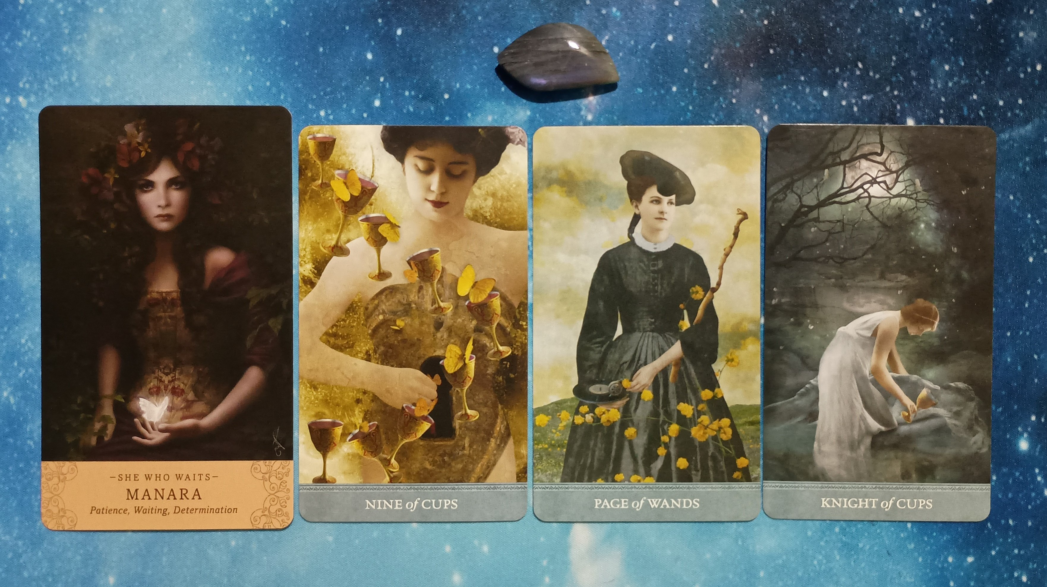 Full Moon Pick-a-Card Tarot Reading for June 2025, Pile 4, Labradorite crystal, and 4 cards, face up
