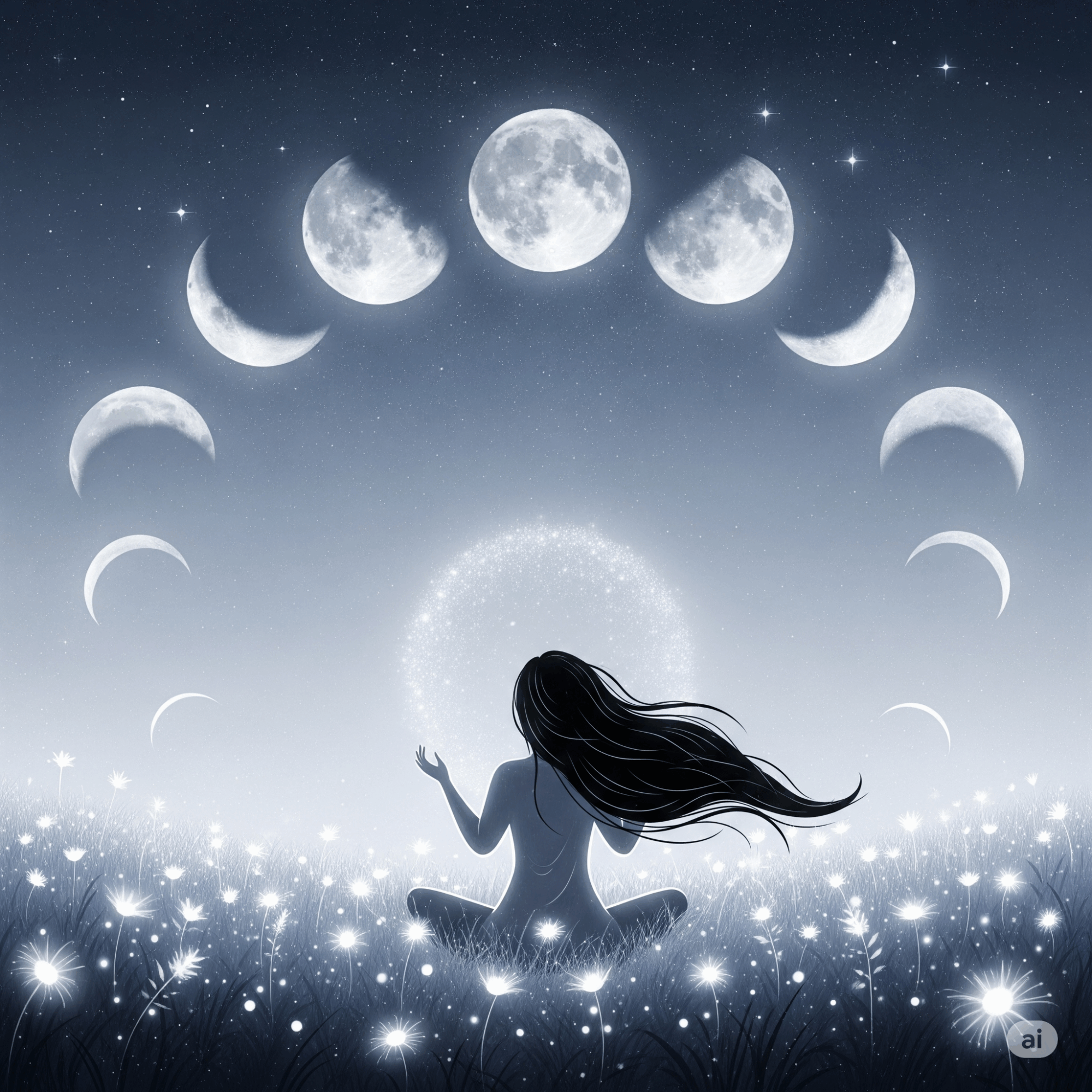 Unlocking Lunar Rhythms: How Moon Phases Empower Your Path, grayscale figure of a meditating woman in a field of flowers with moon phases at the top