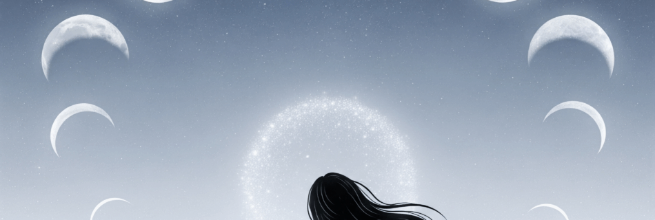 Unlocking Lunar Rhythms: How Moon Phases Empower Your Path, grayscale figure of a meditating woman in a field of flowers with moon phases at the top