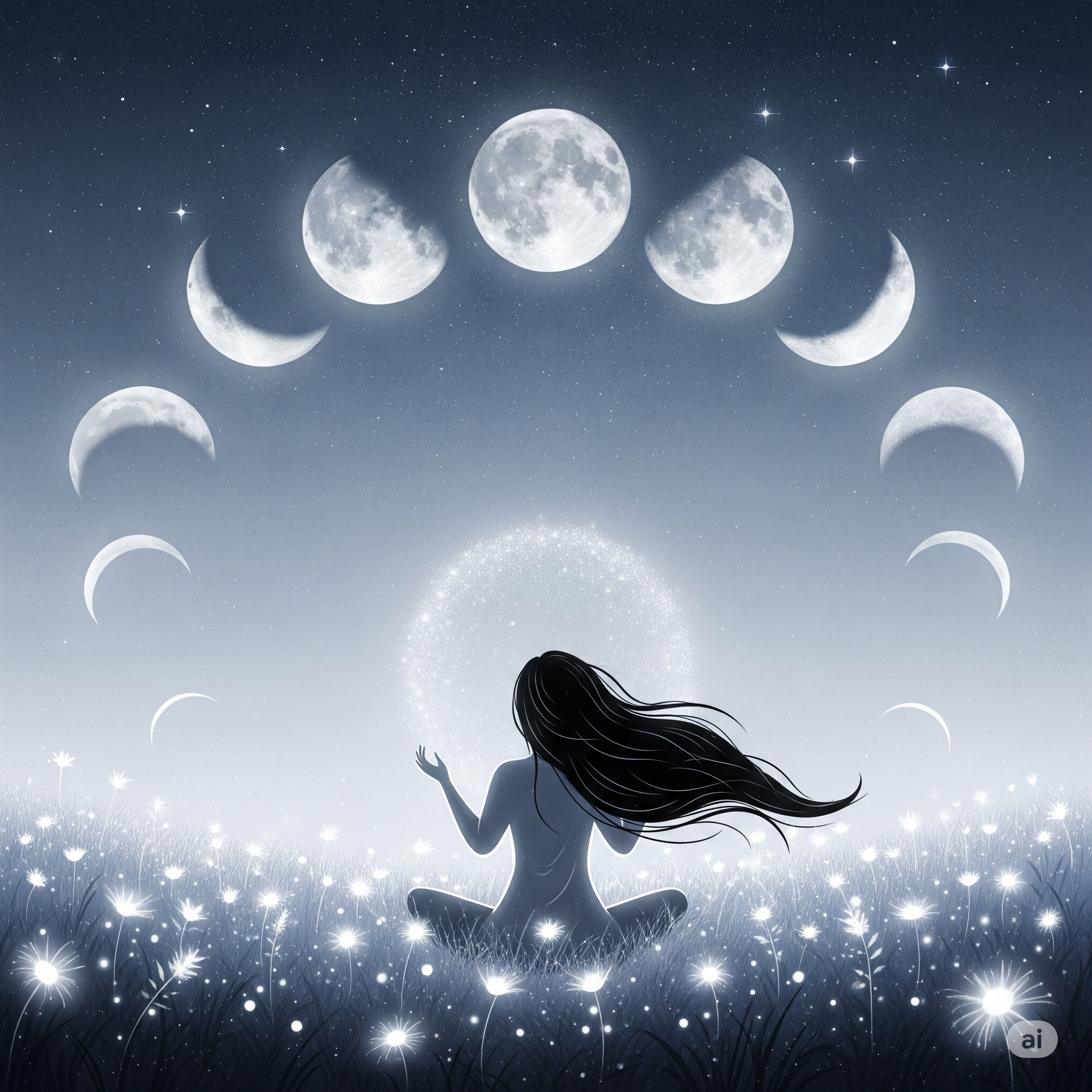 Unlocking Lunar Rhythms: How Moon Phases Empower Your Path, grayscale figure of a meditating woman in a field of flowers with moon phases at the top