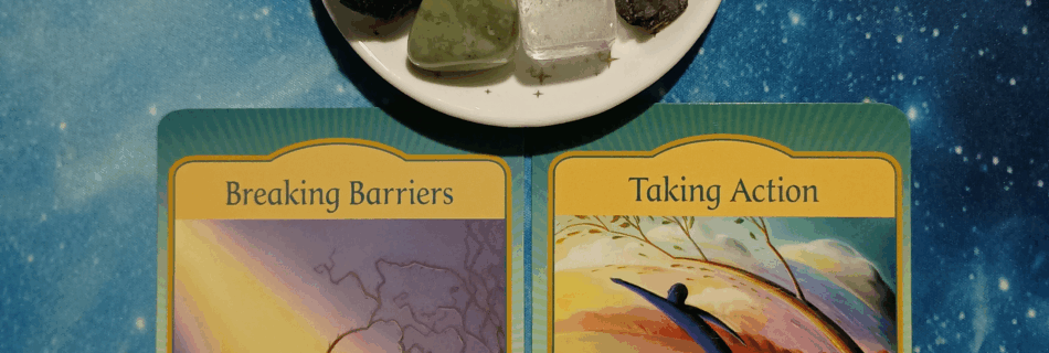 Beyond Your Limitations ~ A Message From the Universe, 2 Gateway Oracle cards and crystals on a starry blue background