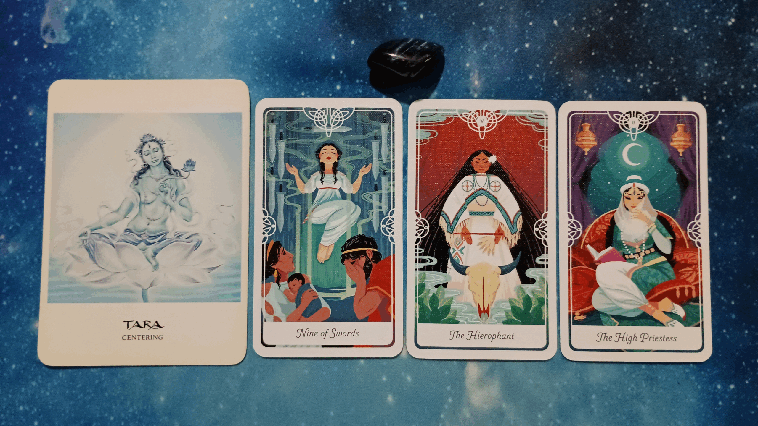 Full Moon Pick-a-Card Tarot Reading for July 2025, Pile 3, Blue Tiger’s Eye crystal and 4 cards, face up