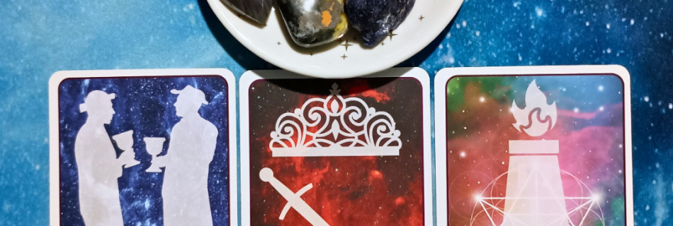 A Difficult Conversation or Task ~ A Message From the Universe, 3 Celestial Tarot cards and crystals on a starry blue background