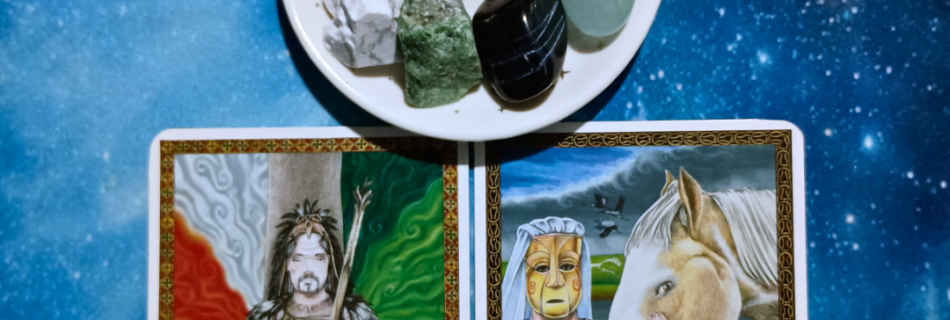Balance and Extremes ~ A Message From the Universe, 2 Celtic Wisdom Oracle cards and crystals on a starry blue background