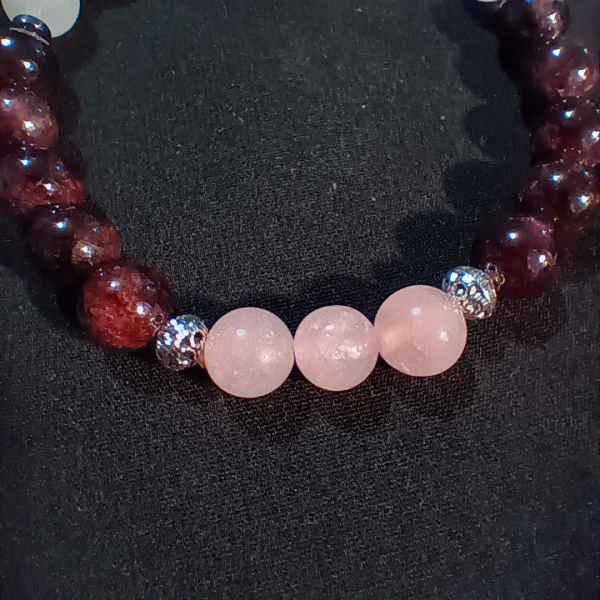Beautiful Balance Rose Quartz & Garnet Bracelet, closeup, black BKG