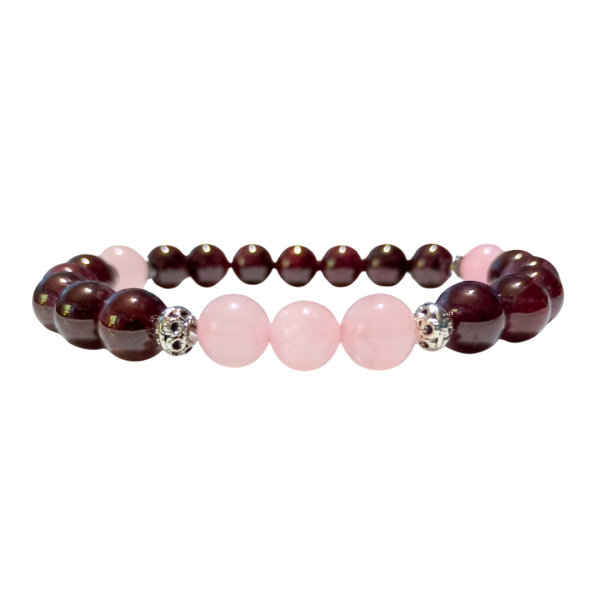 Beautiful Balance Rose Quartz & Garnet Bracelet, side view, white BKG