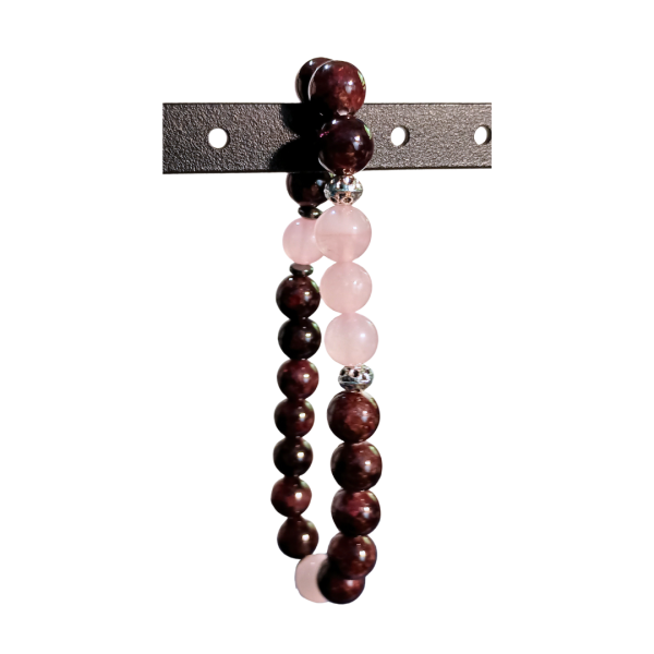Beautiful Balance Rose Quartz & Garnet Bracelet, side view, white BKG, hanging, white BKG