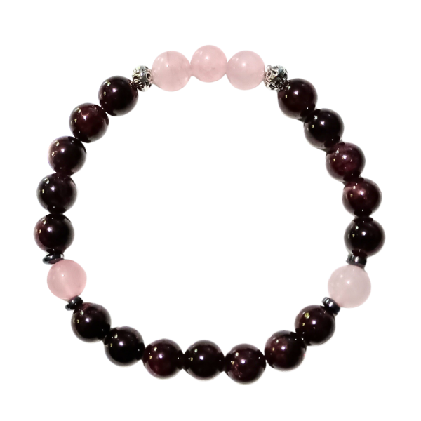 Beautiful Balance Rose Quartz & Garnet Bracelet, side view, white BKG, top view, white BKG