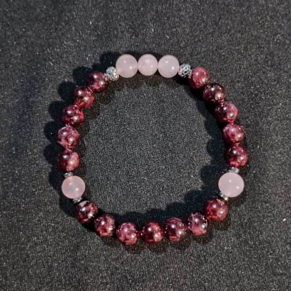 Beautiful Balance Rose Quartz & Garnet Bracelet, top view, black BKG