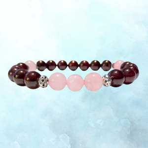 Beautiful Balance Rose Quartz & Garnet Bracelet, top view, blue BKG