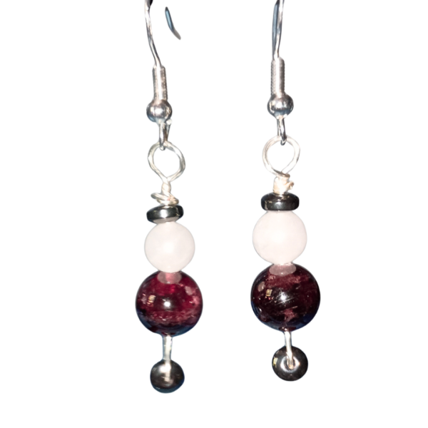 Cosmic Connection Garnet & Rose Quartz Earrings, hanging, white BKG