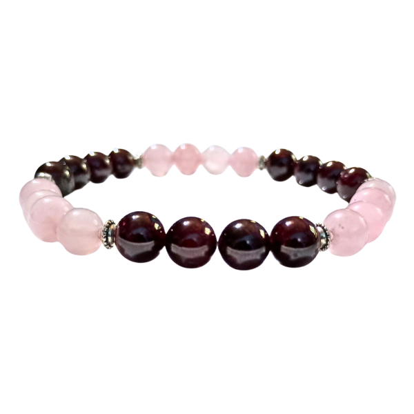 Cosmic Connection Rose Quartz & Garnet Bracelet for Unconditional Love, side view 2, white bkg