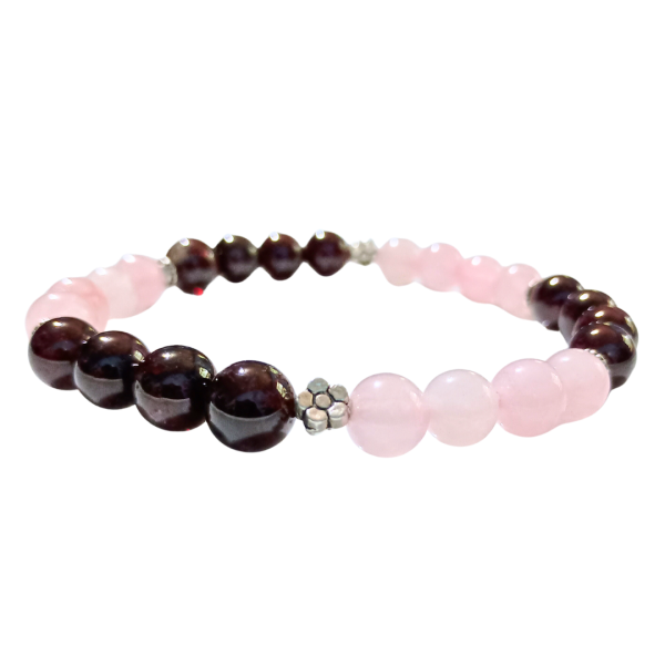 Cosmic Connection Rose Quartz & Garnet Bracelet for Unconditional Love, flower view, white bkg