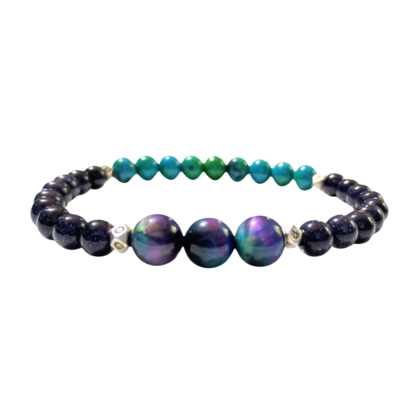 Cosmic Spark: Blue Goldstone, Malachite, Azurite, & Tiger's Eye Bracelet for Creation & Manifestation, side view, white background