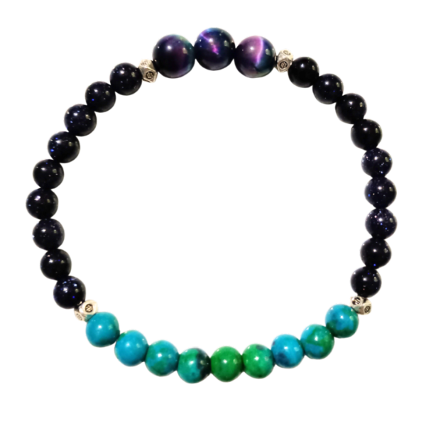 Cosmic Spark: Blue Goldstone, Malachite, Azurite, & Tiger's Eye Bracelet for Creation & Manifestation, top view, white background