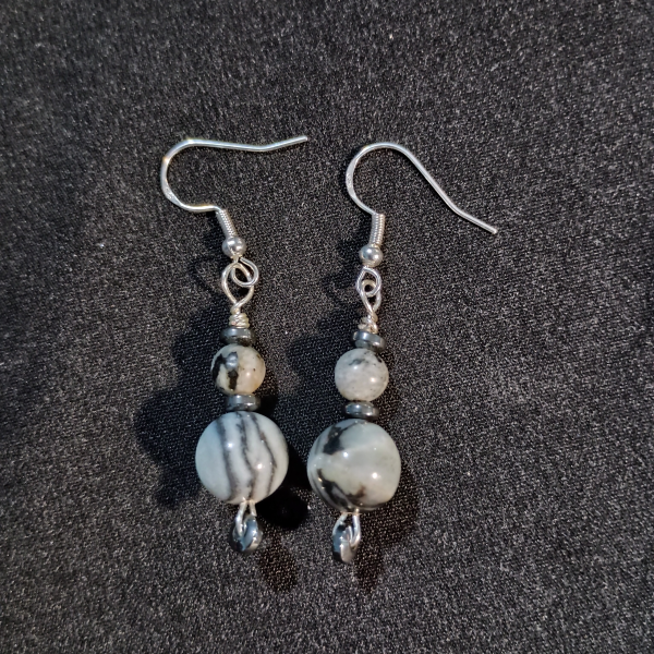 Grounded Flow Indian Agate, Hematite, & Labradorite Earrings, flat lay, black BKG
