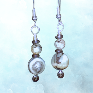 Grounded Flow Indian Agate, Hematite, & Labradorite Earrings, ft image, hanging, blue BKG