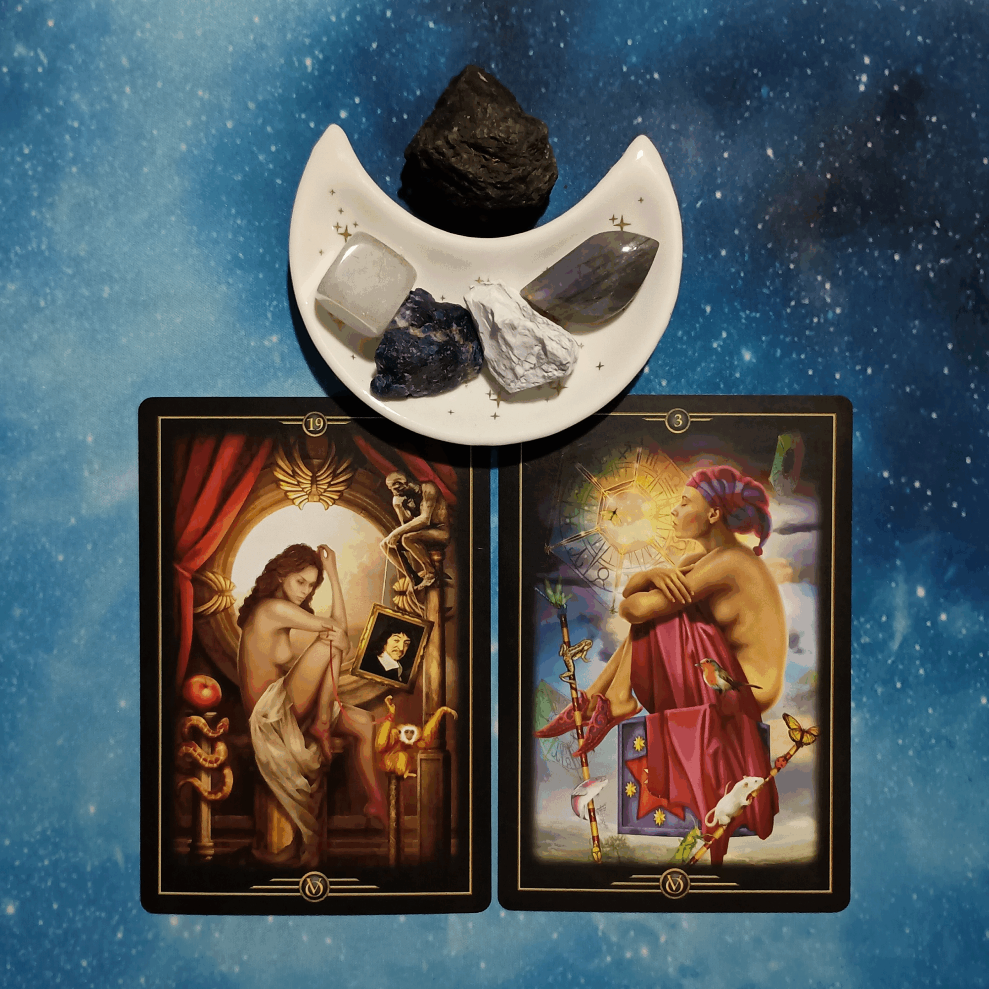 Dreams, Gifts, Signs, & Synchronicities ~ A Message From the Universe, 2 Oracle of Visions cards and crystals on a starry blue background
