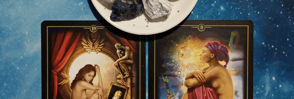 Dreams, Gifts, Signs, & Synchronicities ~ A Message From the Universe, 2 Oracle of Visions cards and crystals on a starry blue background