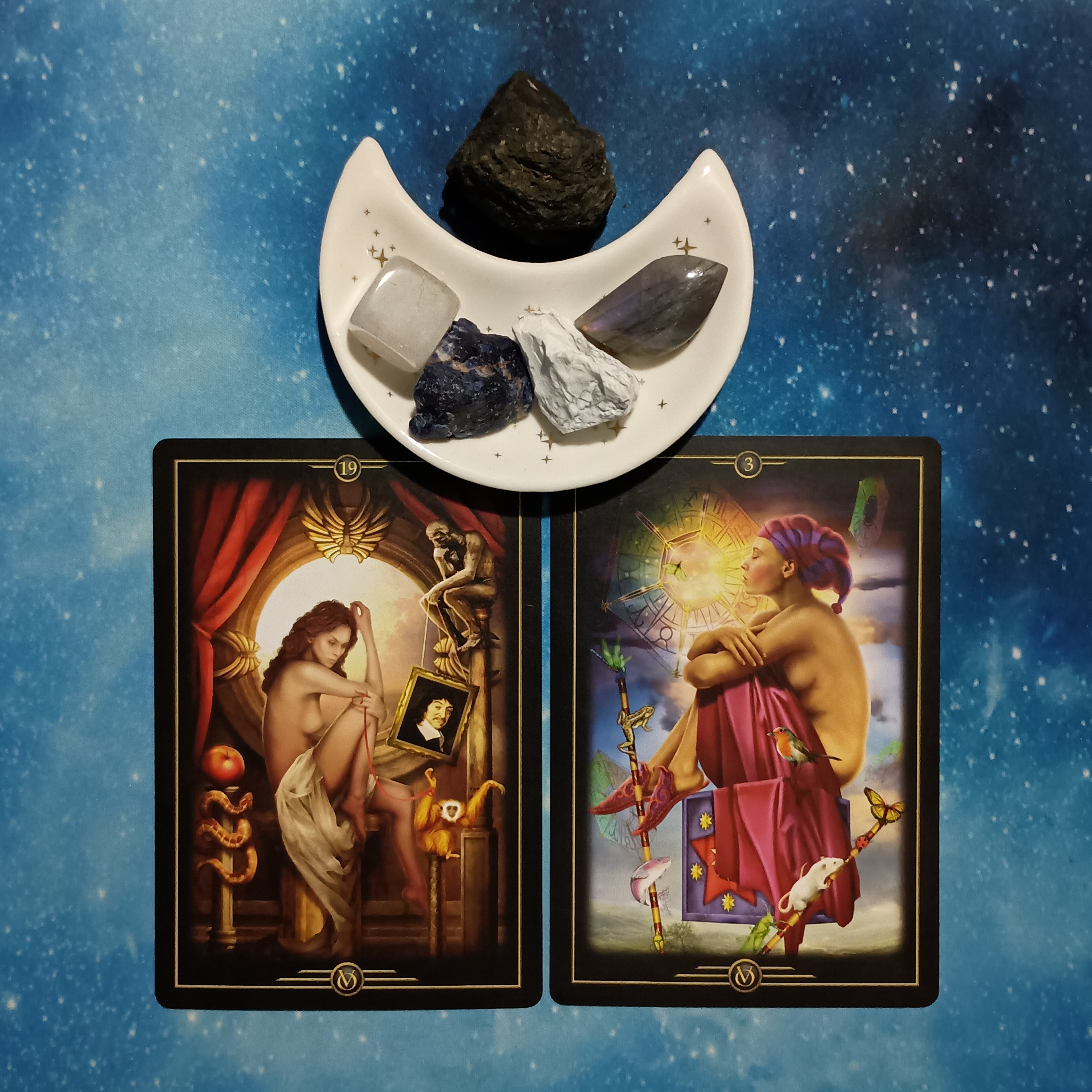 Dreams, Gifts, Signs, & Synchronicities ~ A Message From the Universe, 2 Oracle of Visions cards and crystals on a starry blue background