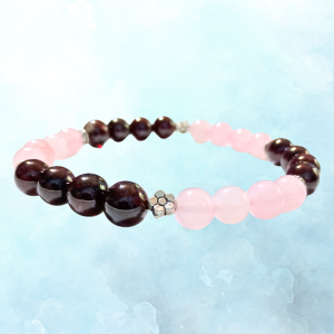 Cosmic Connection Rose Quartz & Garnet Bracelet for Unconditional Love, ft image, side view, blue bkg