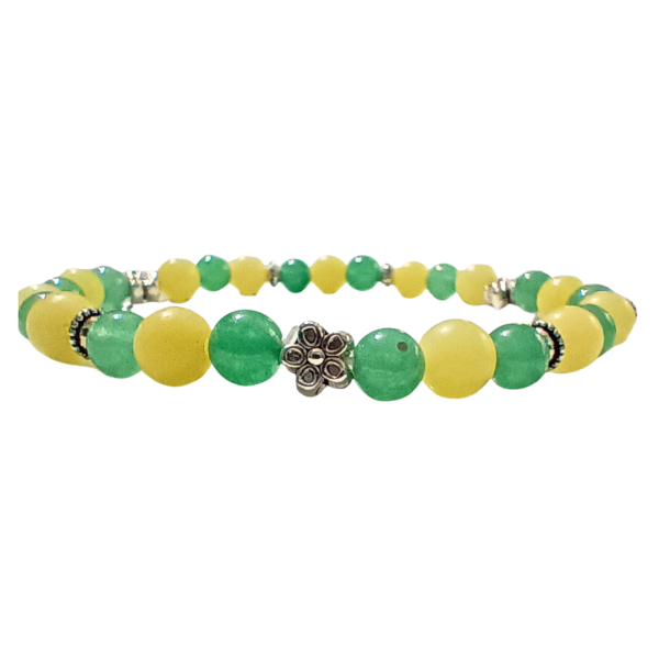 Manifesting Abundance: Lemon Jade & Green Aventurine Bracelet, side view, white bkg, showing cute flower spacer