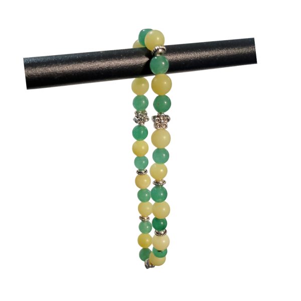 Manifesting Abundance: Lemon Jade & Green Aventurine Bracelet, hanging from display, white background