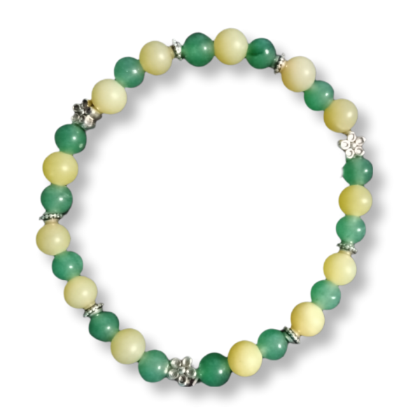 Manifesting Abundance: Lemon Jade & Green Aventurine Bracelet, top view, white bkg, showing cute flower spacer