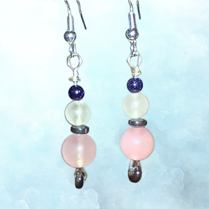 Radiant Heart Rose Quartz & Clear Quartz Earrings, hanging, blue BKG