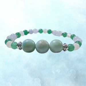 Salty Serenity Aquamarine, Green Aventurine & Clear Quartz Bracelet, side view, ft image, blue BKG