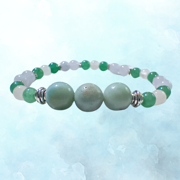 Salty Serenity Aquamarine, Green Aventurine & Clear Quartz Bracelet, side view, ft image, blue BKG