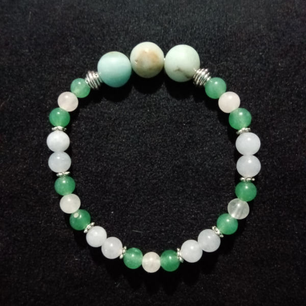 Salty Serenity Aquamarine, Green Aventurine & Clear Quartz Bracelet, top view, black BKG