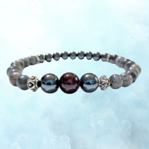Spirit & Earth Garnet, Labradorite, and Hematite Bracelet, side view, ft image, blue bkg
