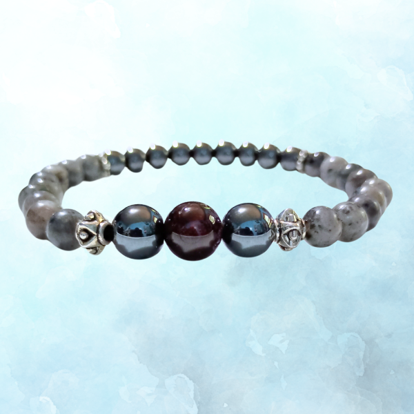 Spirit & Earth Garnet, Labradorite, and Hematite Bracelet, side view, ft image, blue bkg