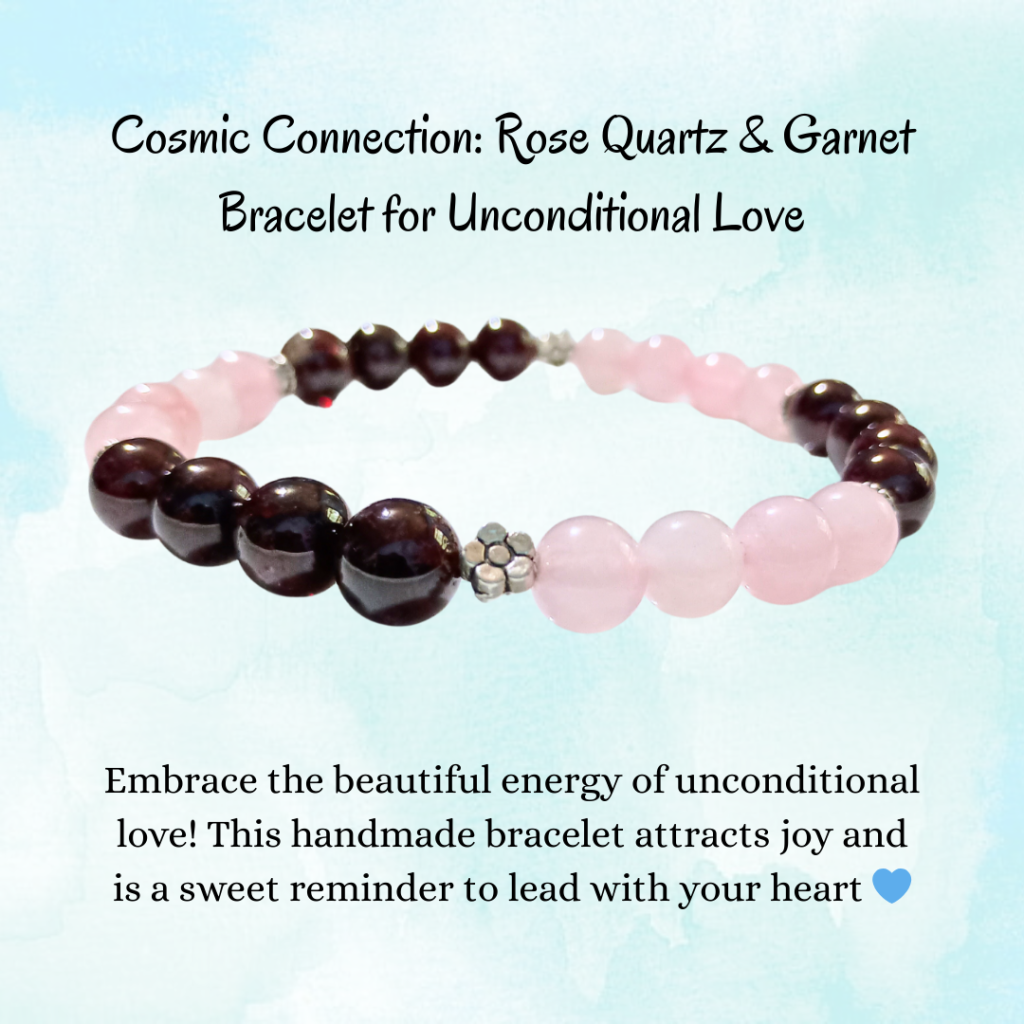 Cosmic Connection_ Rose Quartz & Garnet Bracelet for Unconditional Love, Embrace the beautiful energy of unconditional love! This handmade rose quartz and garnet bracelet attracts joy and is a sweet reminder to lead with your heart đ