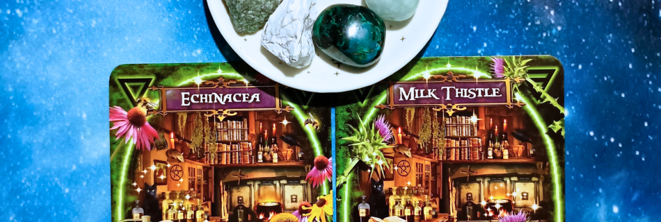 Finding Peace During Chaotic Times ~ A Message From The Universe, 2 Witches’ Kitchen Oracle cards and crystals on a starry blue background