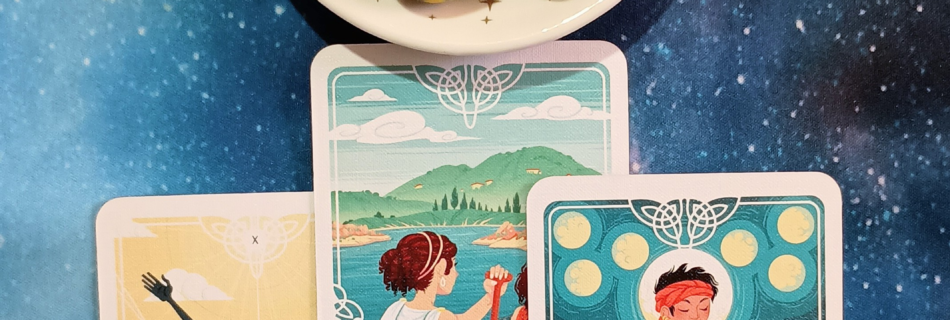 New Timelines, Reframing Anxiety & Excitement: A Message From the Universe, 3 Tarot of the Divine cards and crystals on a starry blue background