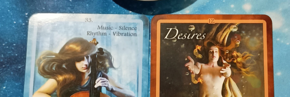 Life Goes On: A Message From the Universe, 2 Chakra Insight Oracle cards and crystals on a starry blue background