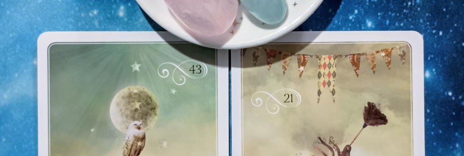 Unbury Your Peace & Power: A Message From the Universe, 2 Wisdom of the Oracle Oracle cards and crystals on a starry blue background