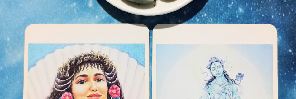 Let Love Be Your Guide: A Message From the Universe, 2Goddess Oracle cards and crystals on a starry blue background