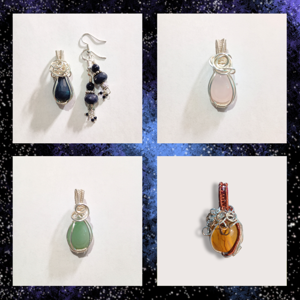 4 hand-wrapped crystal pendants, purple, pink, green, and orange, and a pair of earrings that match the purple pendant.