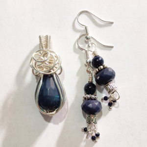 Sugilite & Blue Goldstone Handmade Pendant and Earrings Set Intentional Jewelry for Spiritual & Personal Growth white bkg, sq