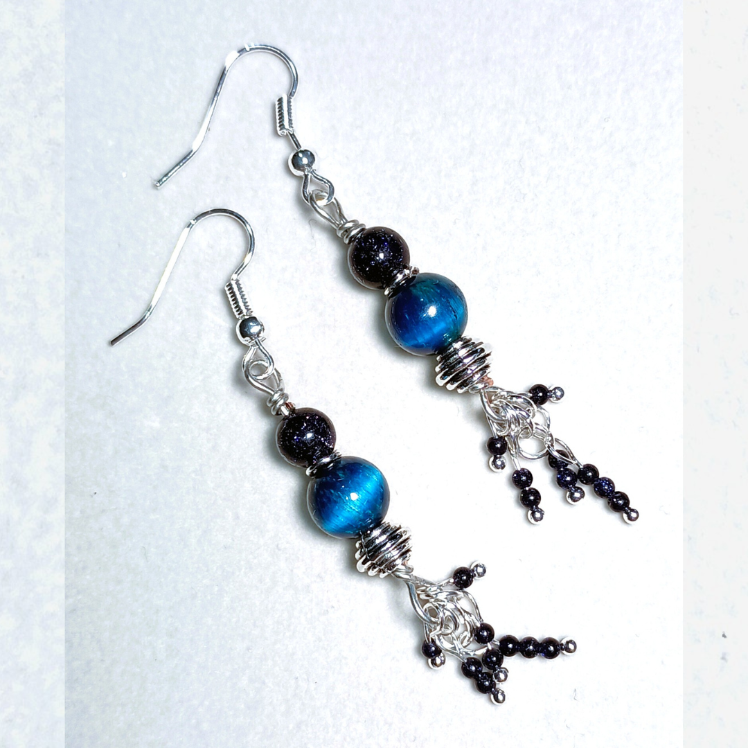 Cyan Tiger Eye & Sparkly Blue Goldstone Handcrafted Silver-Toned Dangler Earrings, Flat