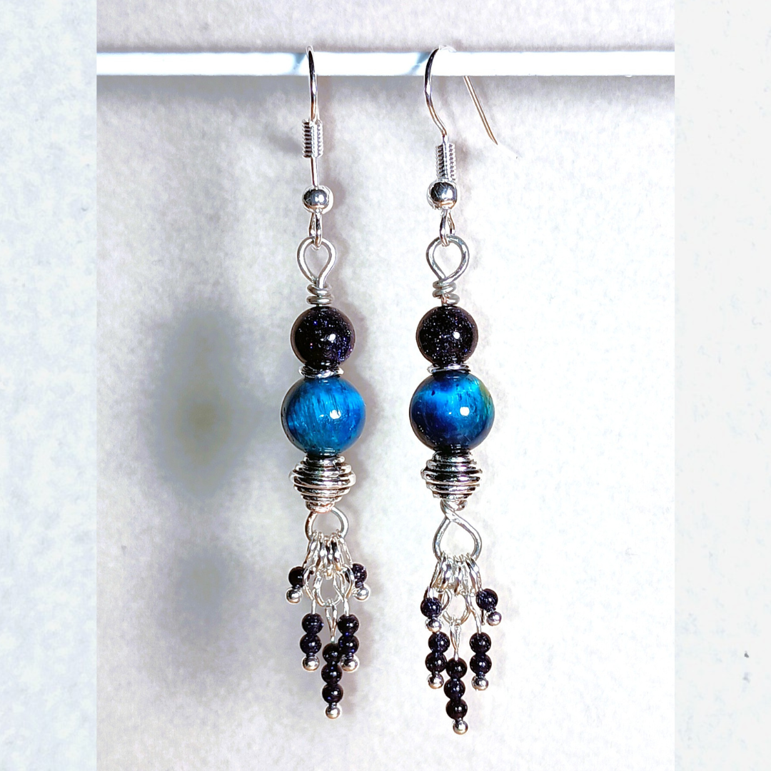 Cyan Tiger Eye & Sparkly Blue Goldstone Handcrafted Silver-Toned Dangler Earrings, Hang