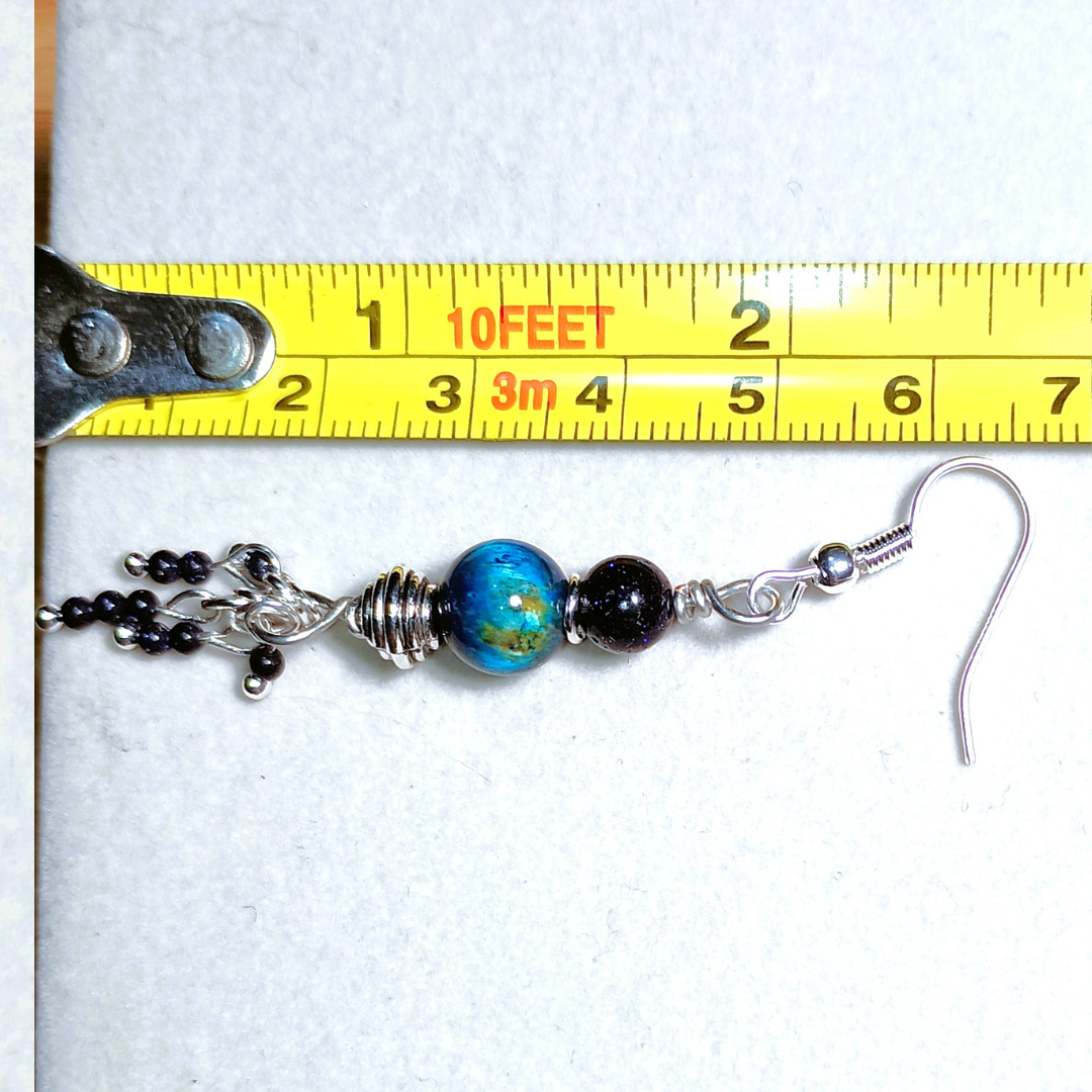 Cyan Tiger Eye & Sparkly Blue Goldstone Handcrafted Silver-Toned Dangler Earrings, Size