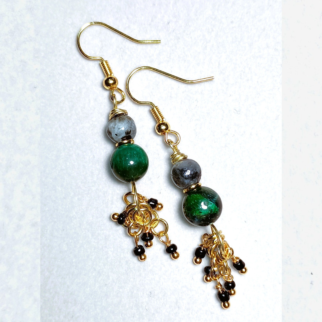 Flashing Labradorite & Green Tiger Eye Handcrafted Gold-Toned Dangler Earrings, Flat